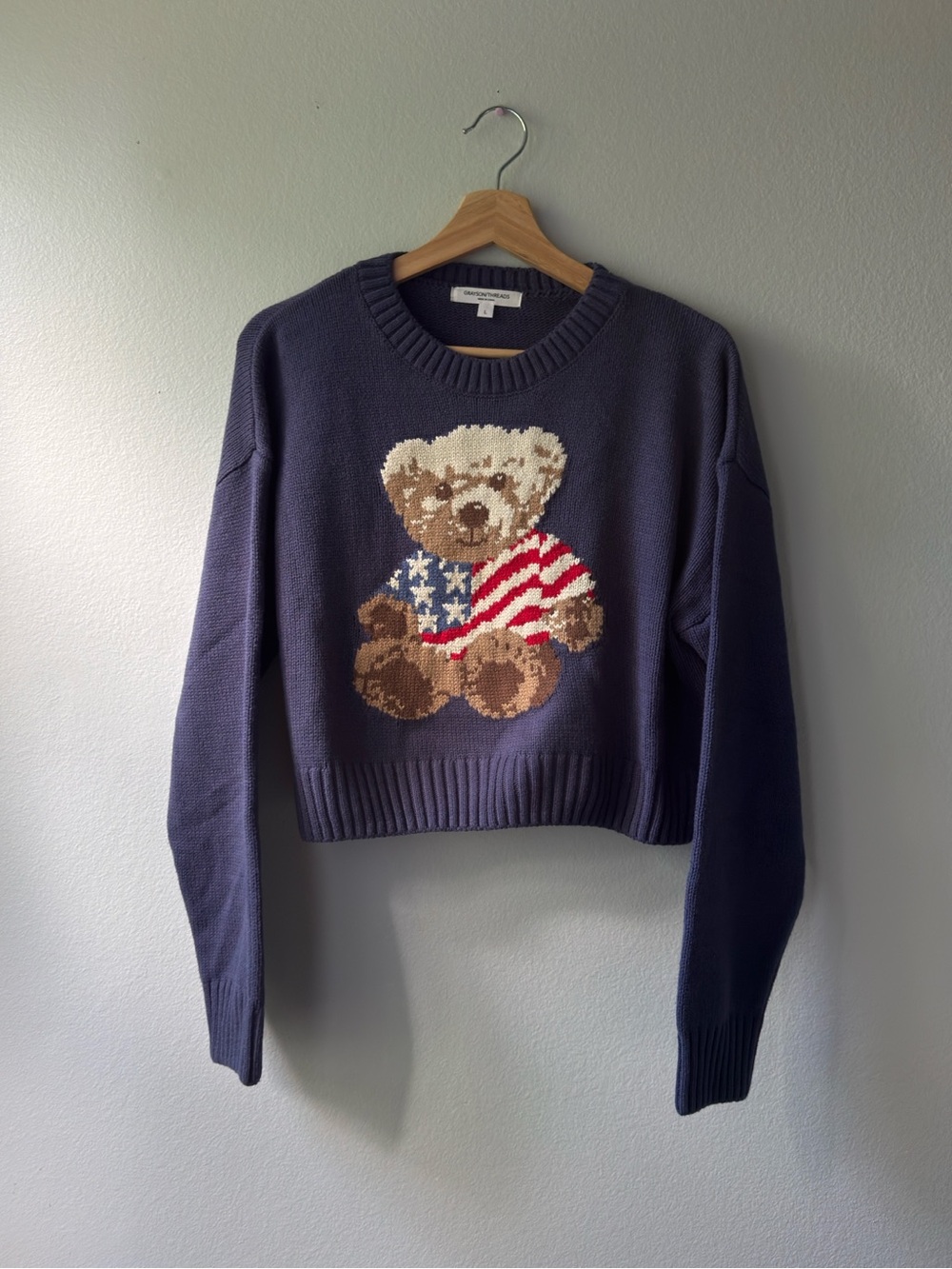 Grayson Threads American Flag Teddy Bear cropped Knit Sweater - Women's Large